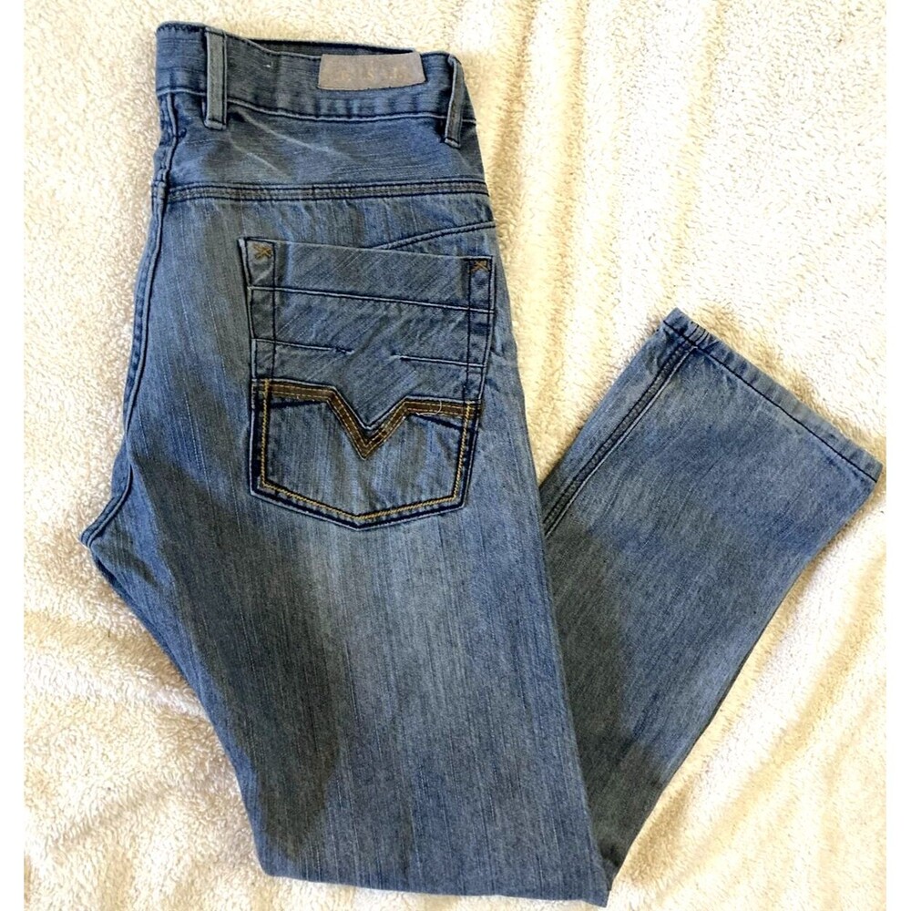 Fusia Jeans Men 32x30 Straight Leg Light Blue Denim Embroidered Pocket Retro
